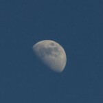 A sharp, detailed photo of a half moon against a deep blue sky taken in Jönköping, Sweden.