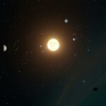 Artistic depiction of the solar system with planets orbiting the sun in space.